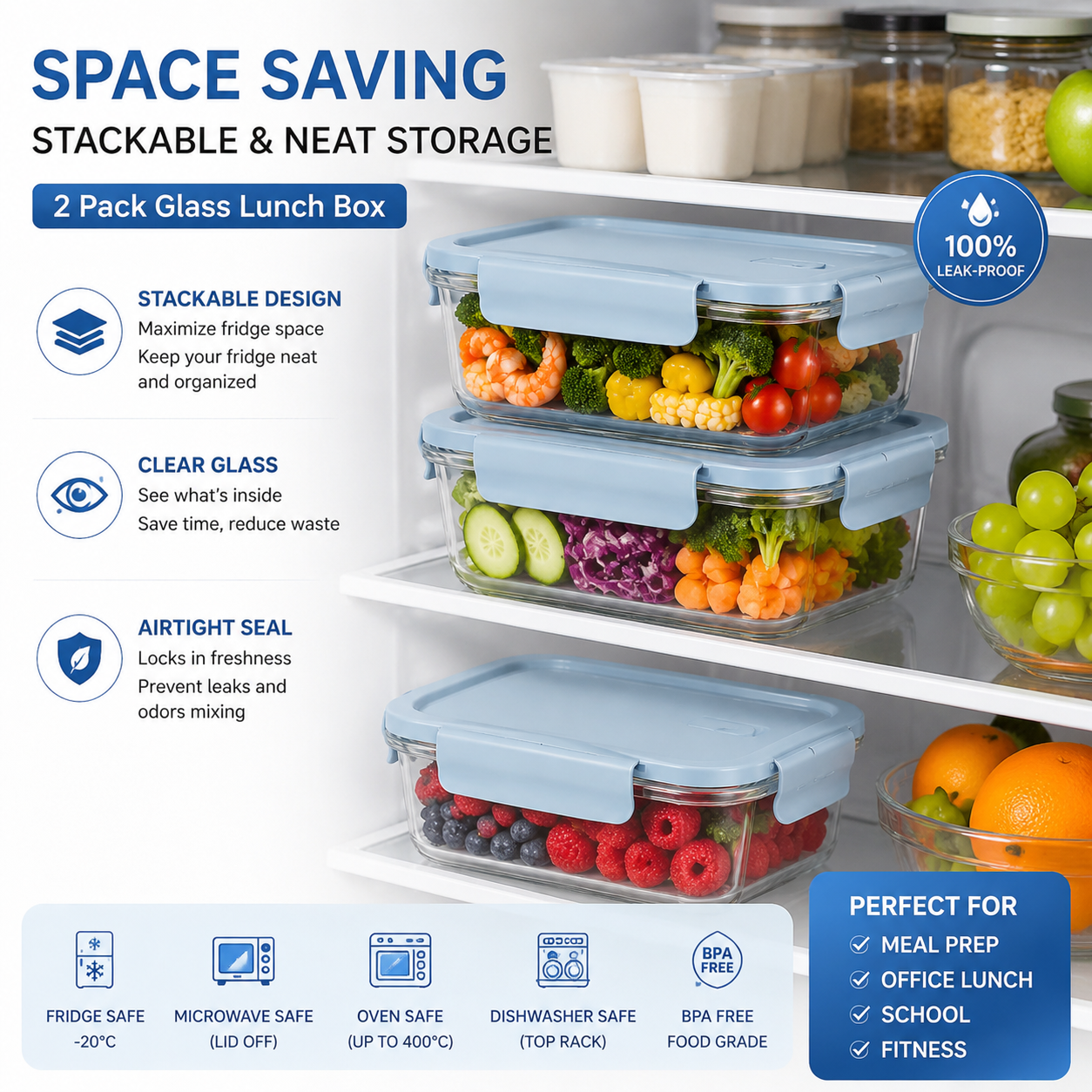 Storage Food Prep - 2 Pack Glass Meal Prep Containers
