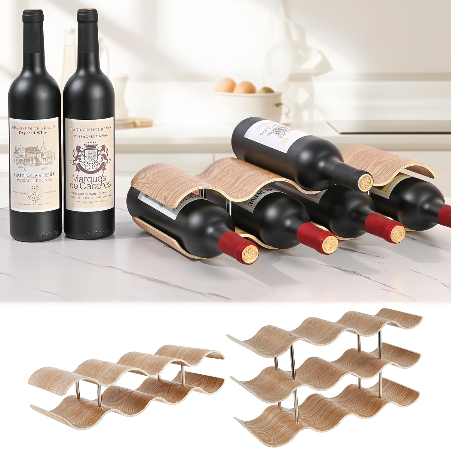 Food Storage Utensils - 2/3-Tier Wooden Wine Rack Wavy Wine
